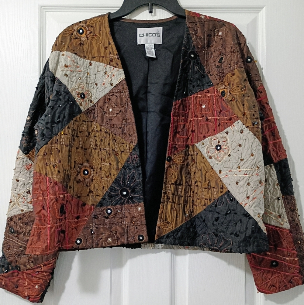Vtg Chico's Patchwork Quilted Open Front Jacket - image 2